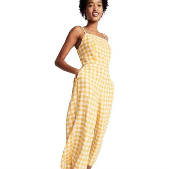 * Old Navy Yellow Gingham Linen Blend Jumpsuit Size S - Picture 2 of 8